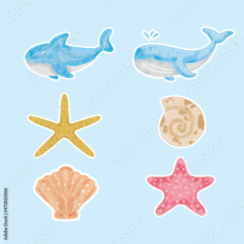 watercolor sea animal set with sticker style for nursery and baby shower