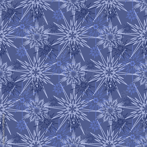 Snowy winter christmas seamless pattern, flash snowflake on blue ornament