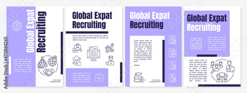 Global expat recruiting purple brochure template. Hiring abroad. Flyer, booklet, leaflet print, cover design with linear icons. Vector layouts for presentation, annual reports, advertisement pages