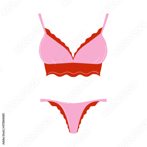 Set of women's underwear. Pink panties and bra with red lace. Elegant and feminine lingerie, bikini, swimsuit. Vector illustration in a cartoon flat style.