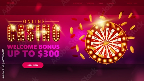 Online casino, purple banner for website with button and red Casino Wheel Fortune with golden coins around