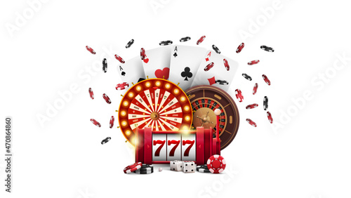 Casino Wheel Fortune, Red slot machine, Roulette wheel, poker chips and playing cards isolated on white background