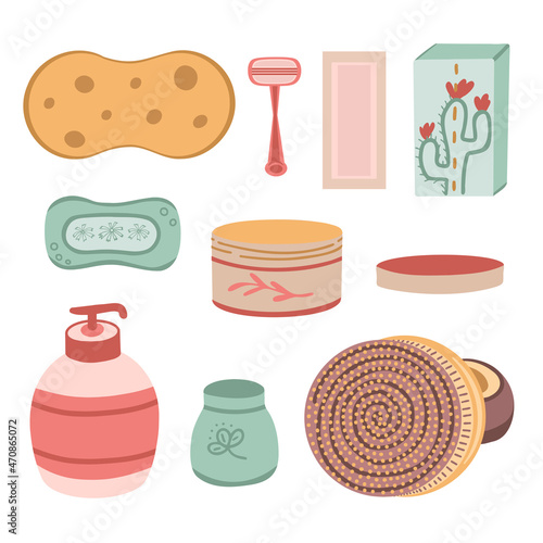 Bath Accessories set. Washcloth, soap, wax strips, razor, body brush. Vector Illustration for backgrounds, covers, packaging, greeting cards, posters, stickers, textile. Isolated on white background.
