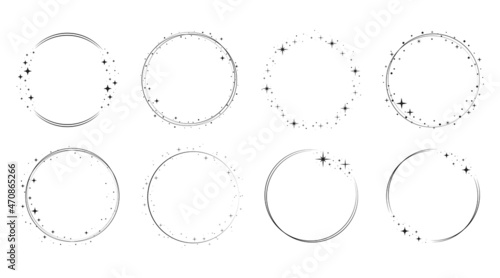 Sparkle star circle frame set. Wreath ring stardust border for party, birthday decor design. Laurel frame with, cosmic glitter shine. Isolated black flat vector illustration.