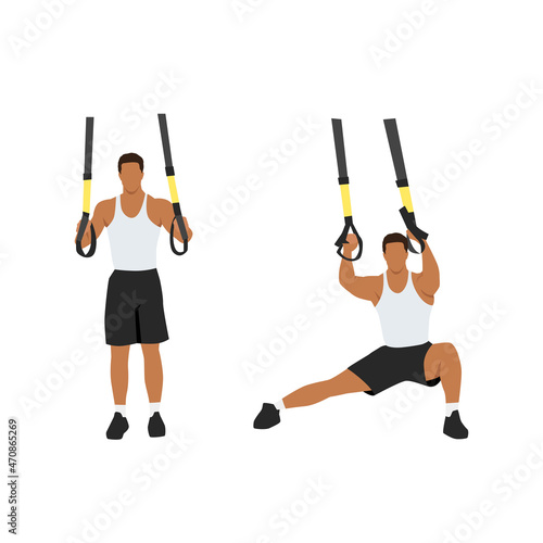 Man doing TRX Suspension straps side step. Lateral lunges exercise. Flat vector illustration isolated on white background