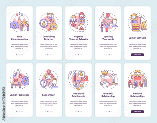 Toxic relationship onboarding mobile app page screen. Abusive and selfish partner walkthrough 5 steps graphic instructions with concepts. UI, UX, GUI vector template with linear color illustrations