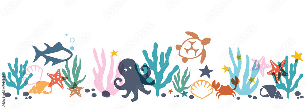 Marine underwater world with marine ocean animals, corals, algae, fish, turtles