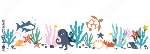 Marine underwater world with marine ocean animals, corals, algae, fish, turtles
