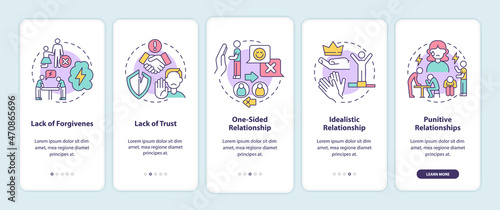 Toxic relationships types onboarding mobile app page screen. Punitive and idealistic walkthrough 5 steps graphic instructions with concepts. UI, UX, GUI vector template with linear color illustrations
