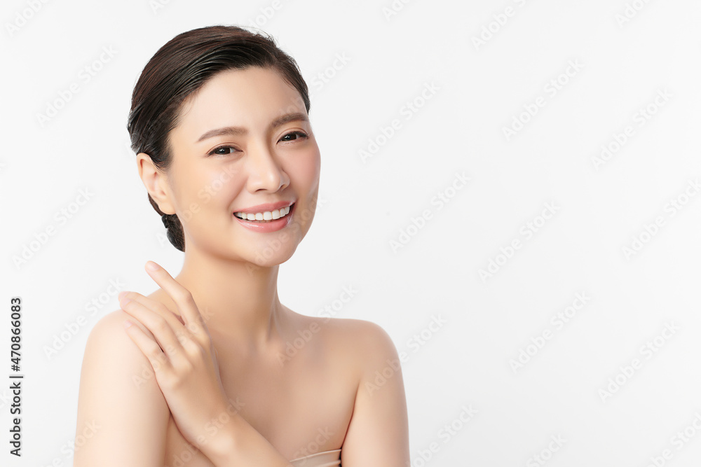 Beautiful young asian woman with clean fresh skin on white background, Face care, Facial treatment, Cosmetology, beauty and spa, Asian women portrait.