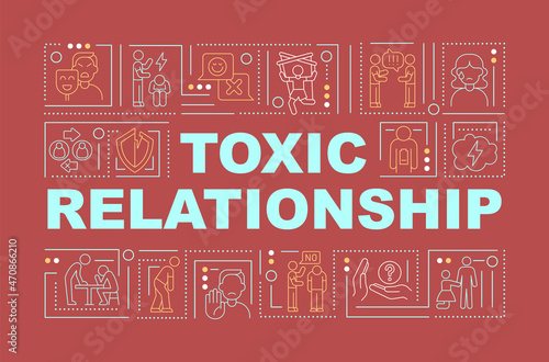Abusive relationship word concepts banner. Forgiveness and trust lack. Infographics with linear icons on red background. Isolated creative typography. Vector outline color illustration with text