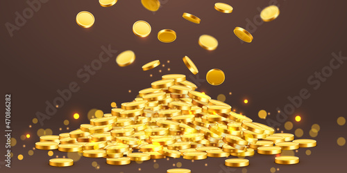 Falling coins, falling money, flying gold coins, golden rain. Jackpot or success concept. Modern background.