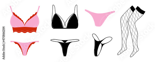 Collection of women's underwear. Elegant lingerie sets, panties, bras and fishnet stockings. The concept of femininity and beauty. Vector illustration in a cartoon flat style.