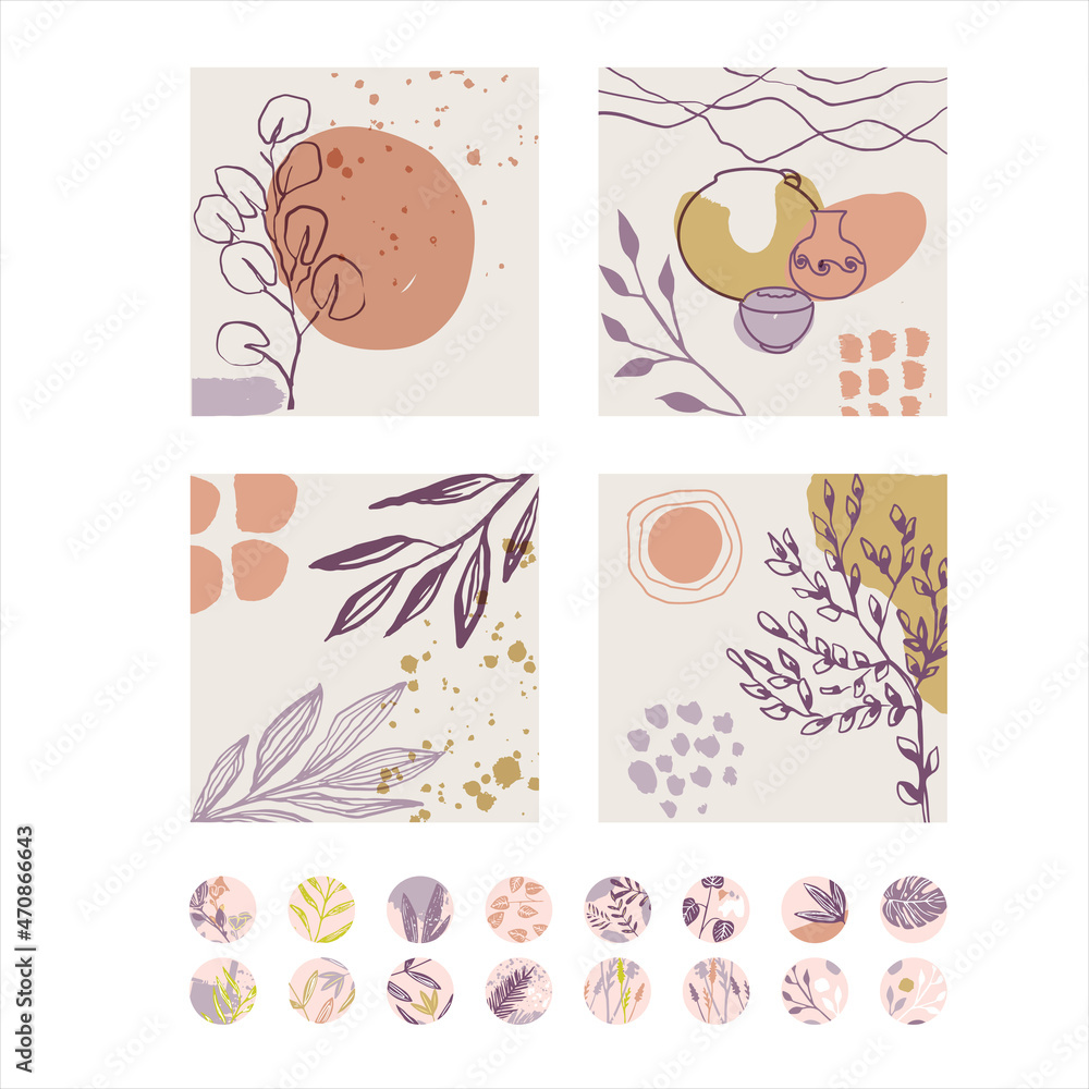 Abstract decor with plants. A set of spotted flowers in the boho style. Creative templates for social networks Abstract decor with plants. A set of spotted flowers in the boho style. Creative templates for social networks
