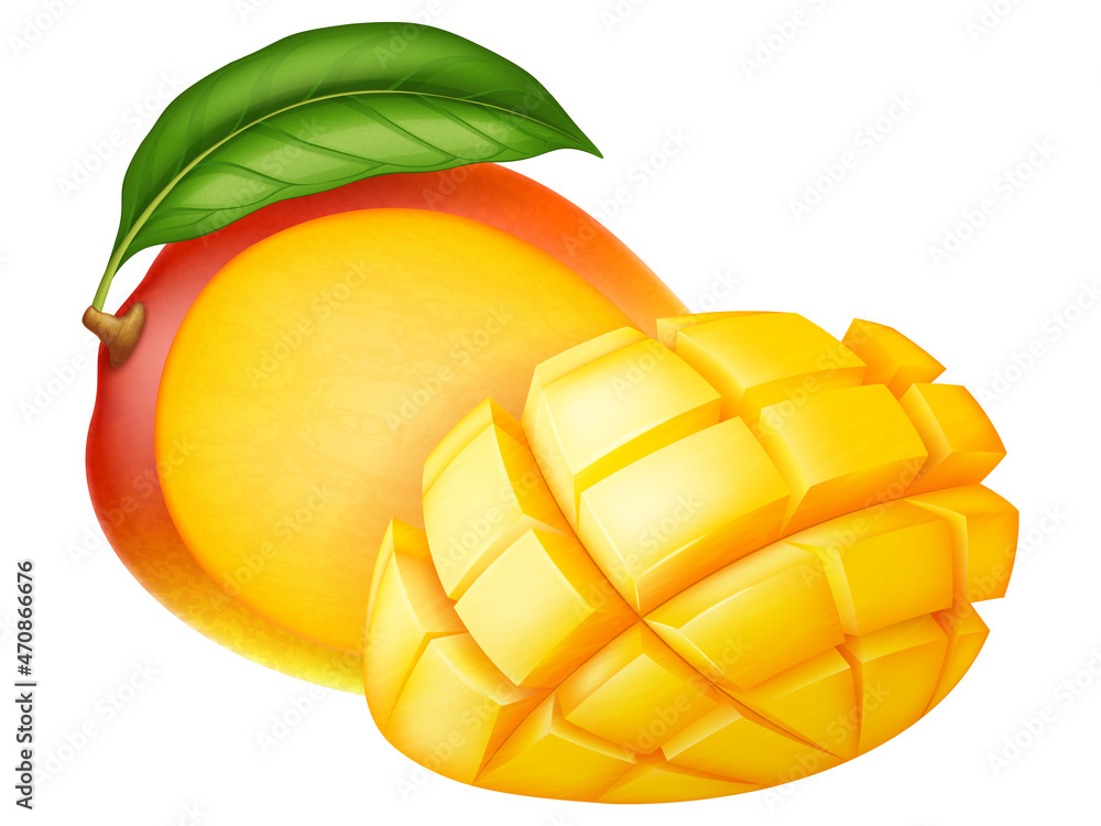 Fresh ripe mango: whole and slices isolated on white background. Vector illustration. Fresh ripe mango: whole and slices isolated on white background. Vector illustration.