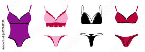 Collection of women's underwear. Elegant lingerie sets, bodysuits, panties and bras. The concept of femininity and beauty. Vector illustration in a cartoon flat style.