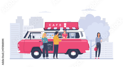 Food truck with seller and visitors. Cafe on wheels. Vector illustration.