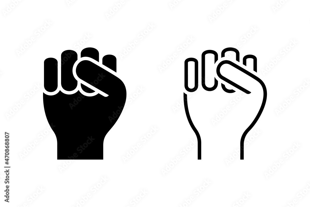 Obraz premium Isolated raised fist vector illustration icon set. Sign, symbol of power, strength, protest, victory pictogram silhouette on white background