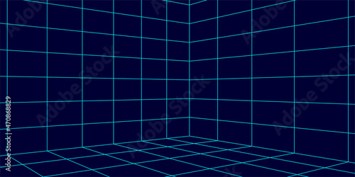 3D wireframe room mesh on blue background. Abstract perspective grid. Vector illustration.