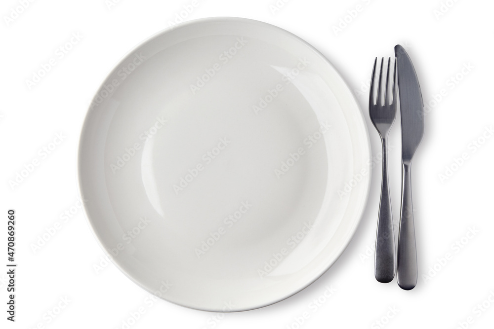 White ceramic dish with cutlery isolated on white background White ceramic dish with cutlery isolated on white background