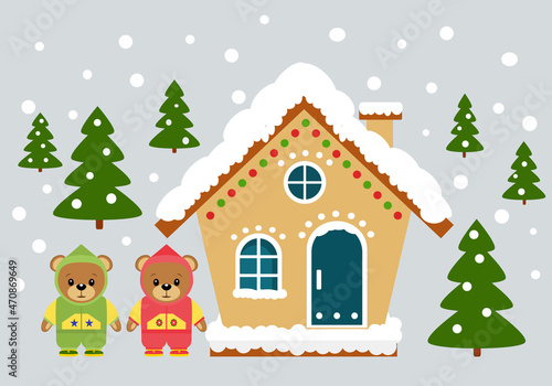 Gingerbread house. Festive food, New Year's sweets. Winter illustration