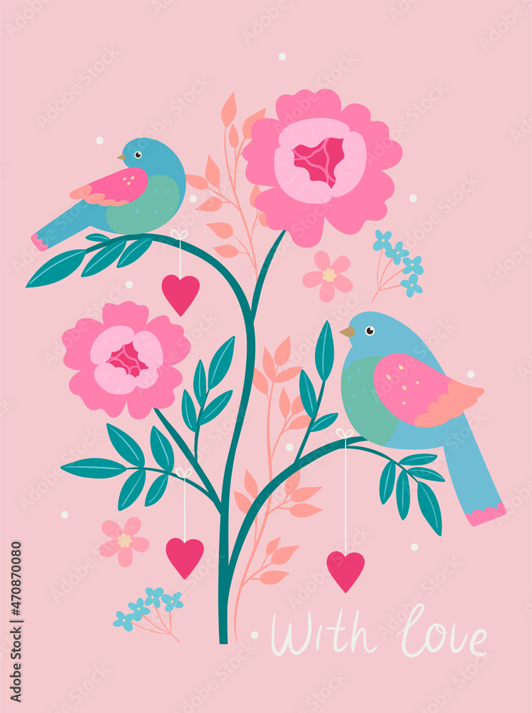 Postcard with birds sitting on a branch. Vector graphics.