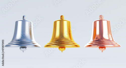 3d render of Golden, silver and bronze bells isolated on white background, New Year celebration concept