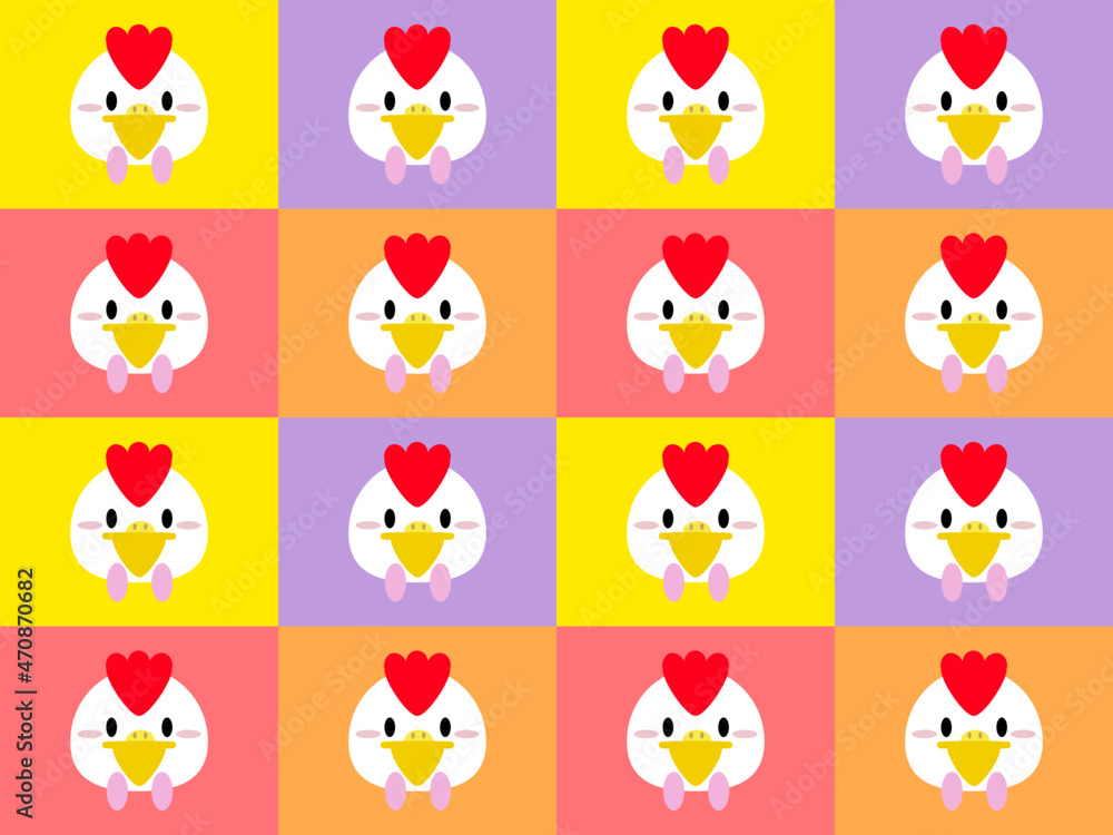 Chicken cartoon character pattern on multicolored background