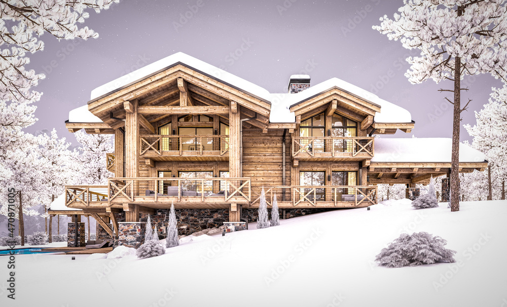 3d rendering of modern cozy chalet with pool and parking for sale or rent. Beautiful forest mountains on background. Massive timber beams columns. Cool winter evening with cozy light from windows 3d rendering of modern cozy chalet with pool and parking for sale or rent. Beautiful forest mountains on background. Massive timber beams columns. Cool winter evening with cozy light from windows