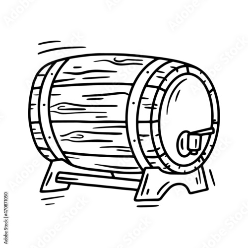 Wooden oak wine barrel, barrique linear vector icon in doodle sketch style