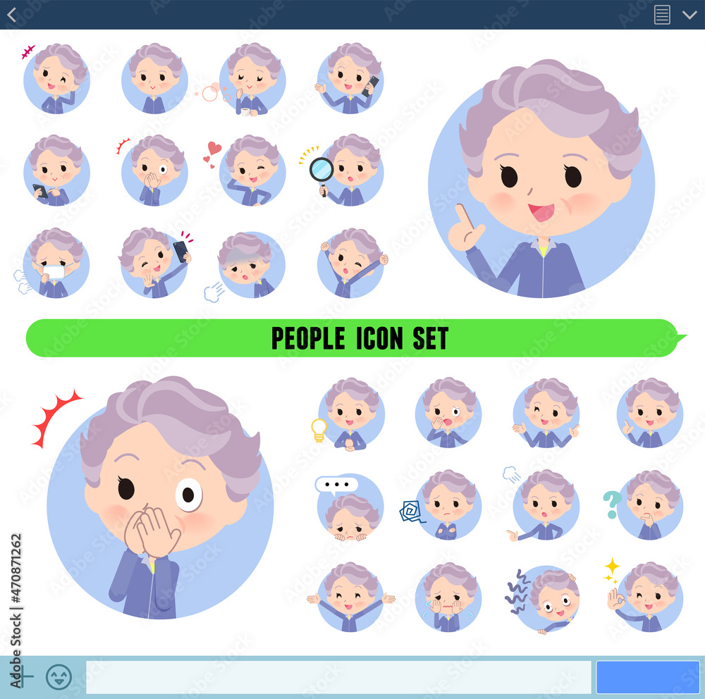 アイコン形式で様々な感情表現をする青ジャージ高齢女性のセット
