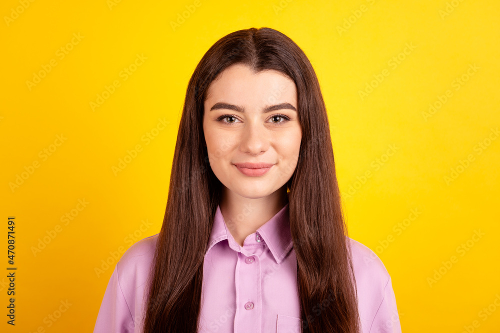Photo of young attractive business lady clever banker attorney good mood isolated over yellow color background Photo of young attractive business lady clever banker attorney good mood isolated over yellow color background