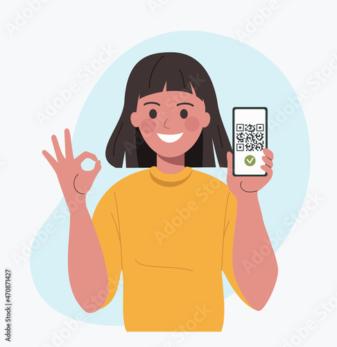 Qr code on the smartphone screen. Young woman holds smartphone and shows Ok sign. Vector flat style cartoon  illustration.