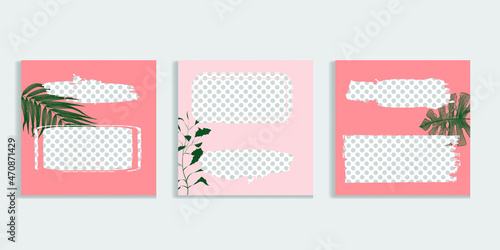 Social media covers with simple design elements . grunge style . Leaves . Post frame stories templates.  Layout for promotion .Media banner .Vector