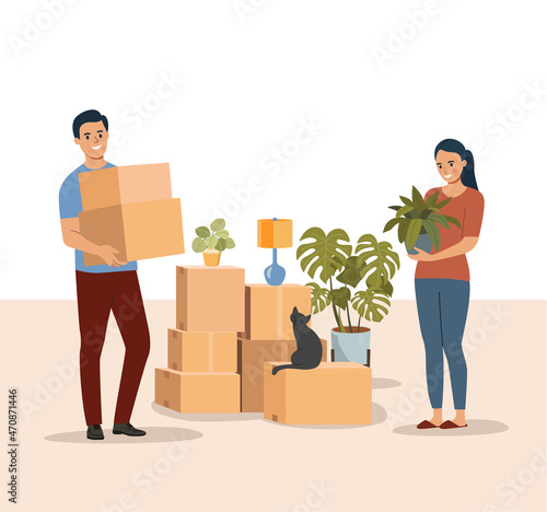 Young man and woman are  holding boxes and plant in the living room. Moving house.  Vector flat style illustration