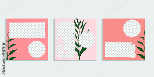 Social media covers with simple design elements . grunge style . Leaves . Post frame stories templates.  Layout for promotion .Media banner .Vector