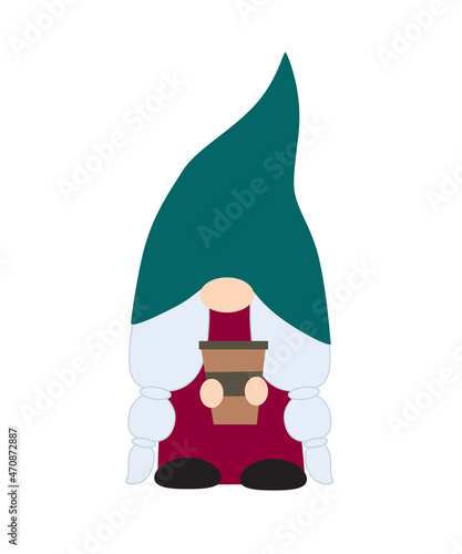 Female gnome drinking coffee illustration design on white background.