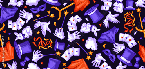 Magician seamless pattern with magic items. Illusionist show or performance background. Cartoon style illustration of tricks.