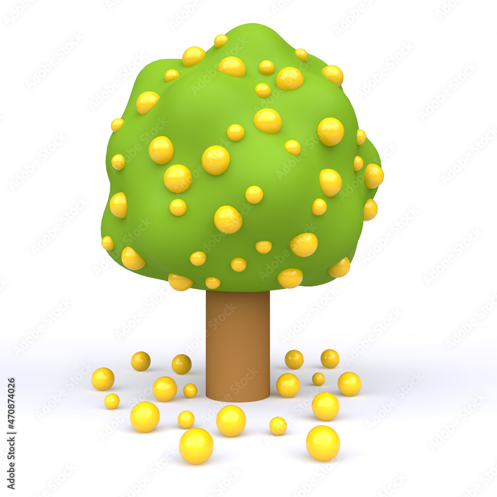 Cartoon green tree with yellow fruit isolated on white background. Colorful modern minimalistic concept render. Stylized funny children clay, plastic or wood toy. Realistic fashion 3d illustration.
