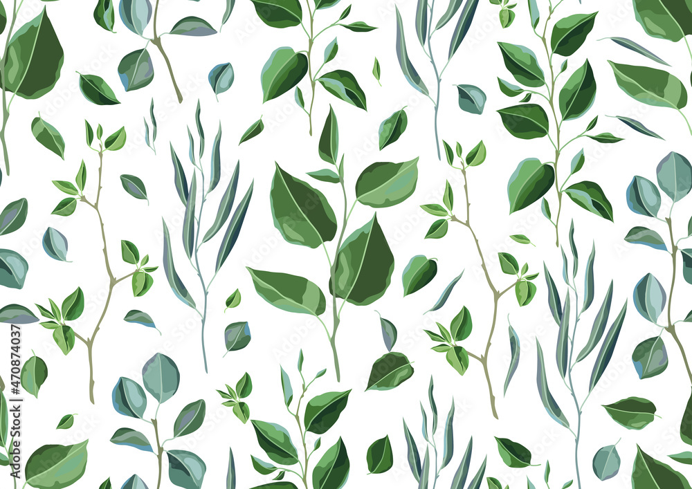 Seamless pattern with branches and green leaves. Spring or summer stylized foliage. Seamless pattern with branches and green leaves. Spring or summer stylized foliage.
