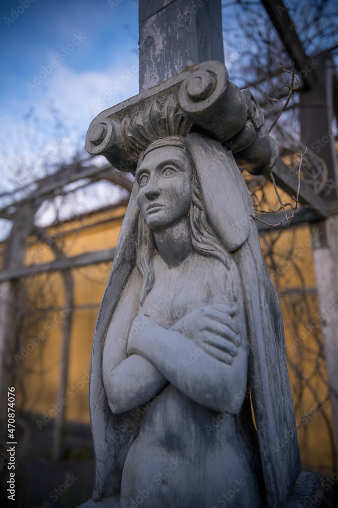 Replica of female wood sculpture from old ship Vasa at the vasa herb garden in the district Djurgården in Stockholm