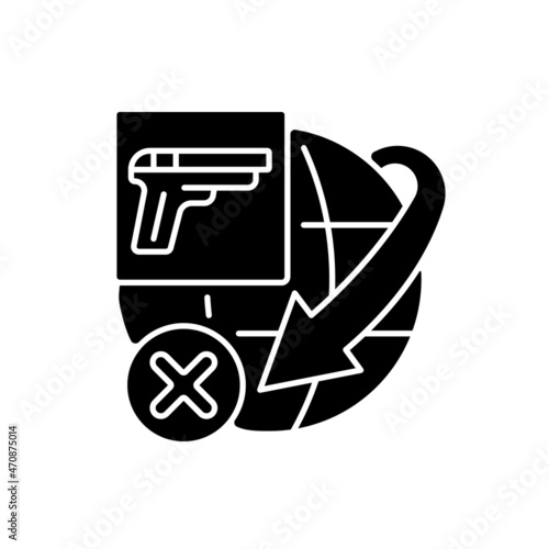 International restriction on firearms shipping black glyph icon. Ammunition transportation worldwide rules. Safety cargo delivery. Silhouette symbol on white space. Vector isolated illustration