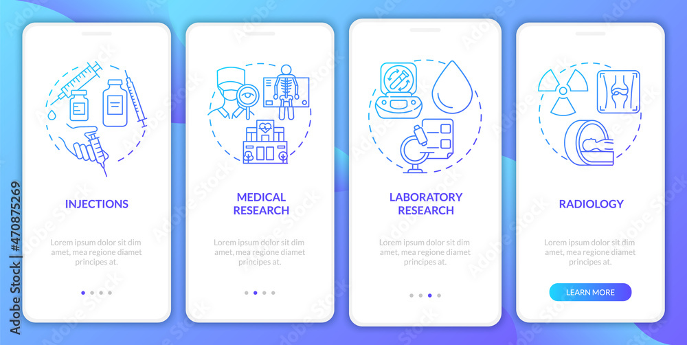 Arthritis clinic service blue gradient onboarding mobile app page screen. Healthcare walkthrough 4 steps graphic instructions with concepts. UI, UX, GUI vector template with linear color illustrations