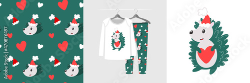 Seamless pattern and illustration set with hedgehog looks like a Christmas tree