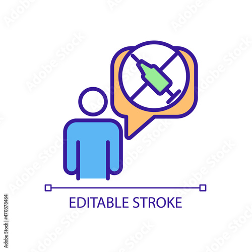 Unvaccinated individual RGB color icon. Vaccine refusal. Delaying routine vaccinations. Misconceptions about covid vaccines. Isolated vector illustration. Simple filled line drawing. Editable stroke