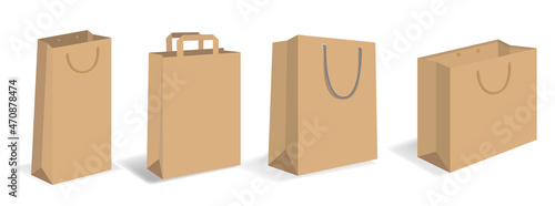 Realistic paper bag mockups of shopping. paper 
bag with handle isolated on white background. 
made of craft paper.

