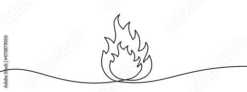 Continuous line drawing of fire. Flame linear icon. One line drawing background. Vector illustration. Fire continuous line icon.