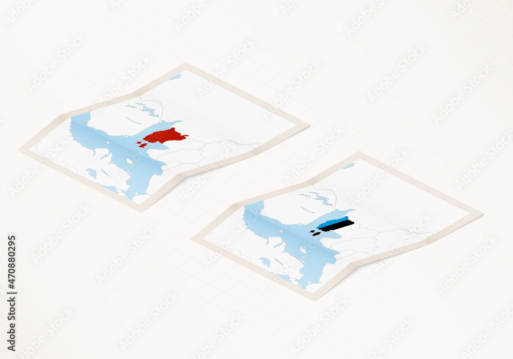 Two versions of a folded map of Estonia with the flag of the country of Estonia and with the red color highlighted.