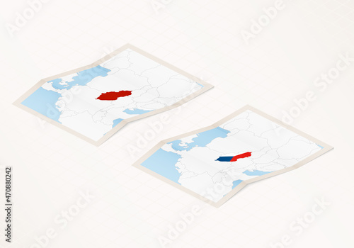 Two versions of a folded map of Czech Republic with the flag of the country of Czech Republic and with the red color highlighted.
