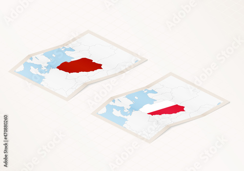 Two versions of a folded map of Poland with the flag of the country of Poland and with the red color highlighted.